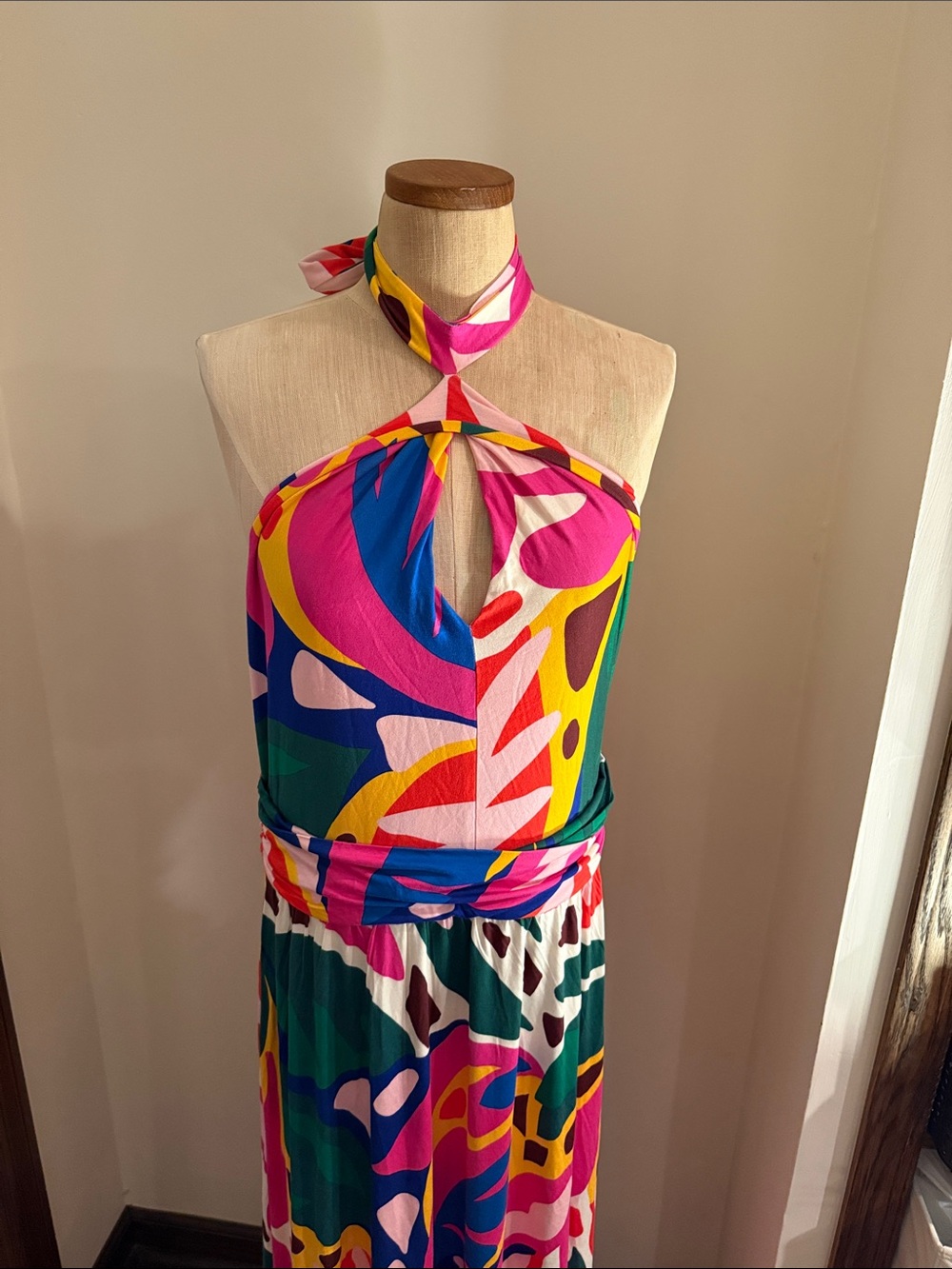 Boden Multicolor Abstract Halter Maxi Dress - Pink, Blue, Yellow, Green